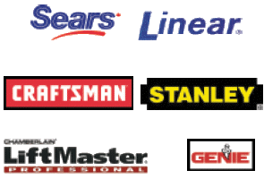 Garage door brands serviced include Sears, Linear, Craftsman, Stanley, LiftMaster and Genie
